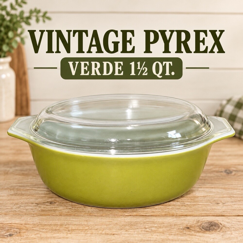 Vintage Pyrex Verde Olive Green 043 1.5 Qt Oval Casserole Dish w Lid
